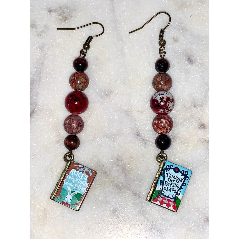 Vintage Alice In Wonderland Book Pendant Beaded Dangle Drop Earrings